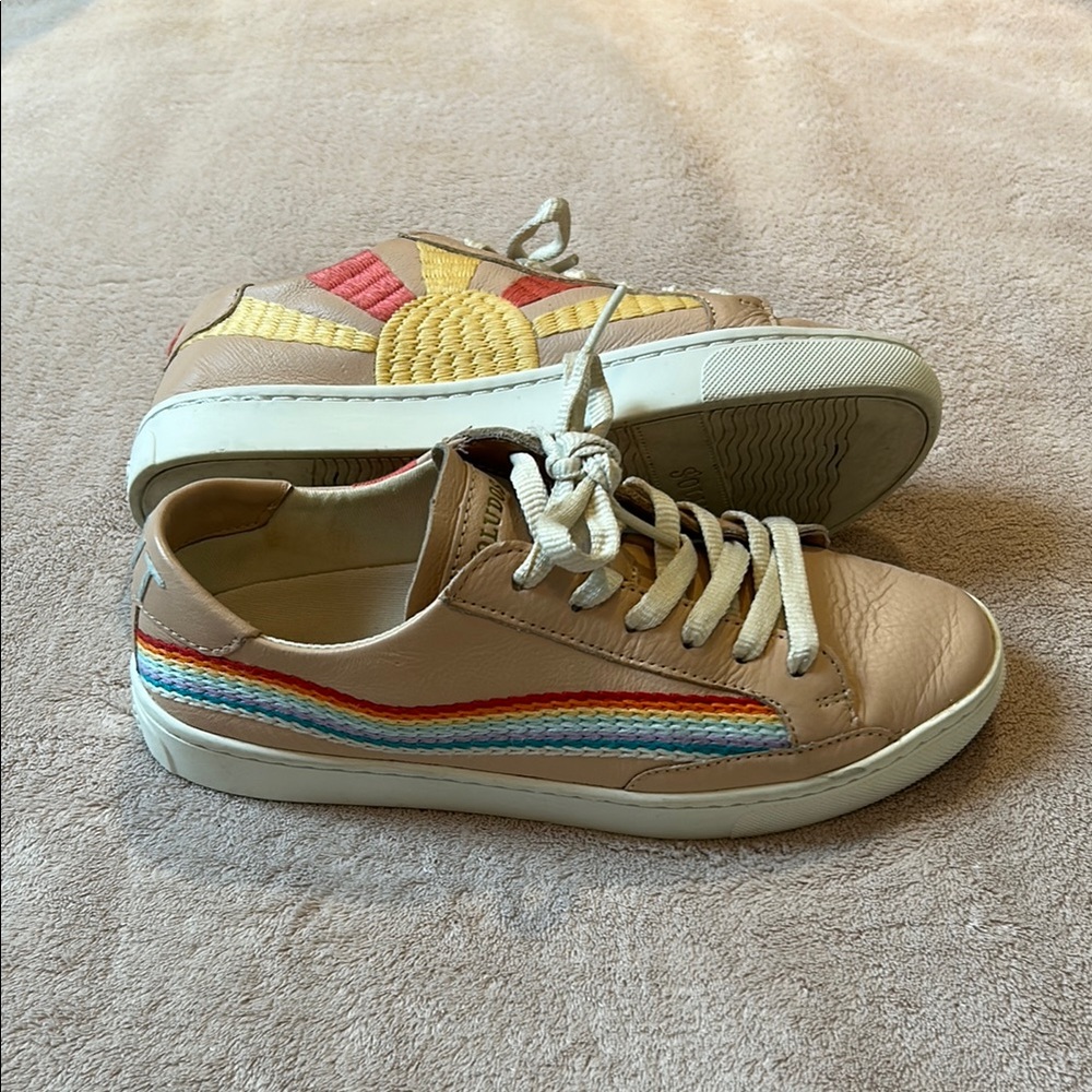 Soludos Leather Tan Sneakers with Rainbow and Sun Design